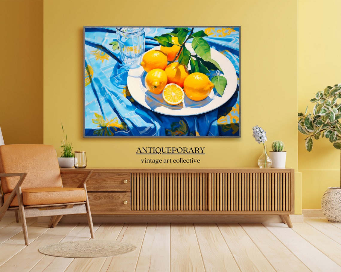 Lemon Plate Glass Water Blue Cloth Sunny Citrus Still Life Poster - Image 4