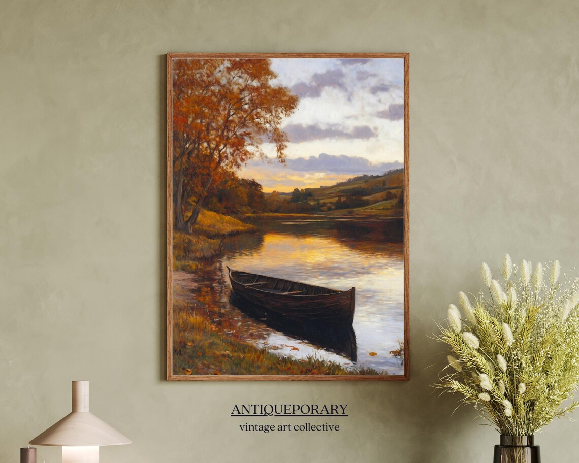 Autumn River Sunset Wooden Rowboat Vintage Landscape Art Poster - Image 7