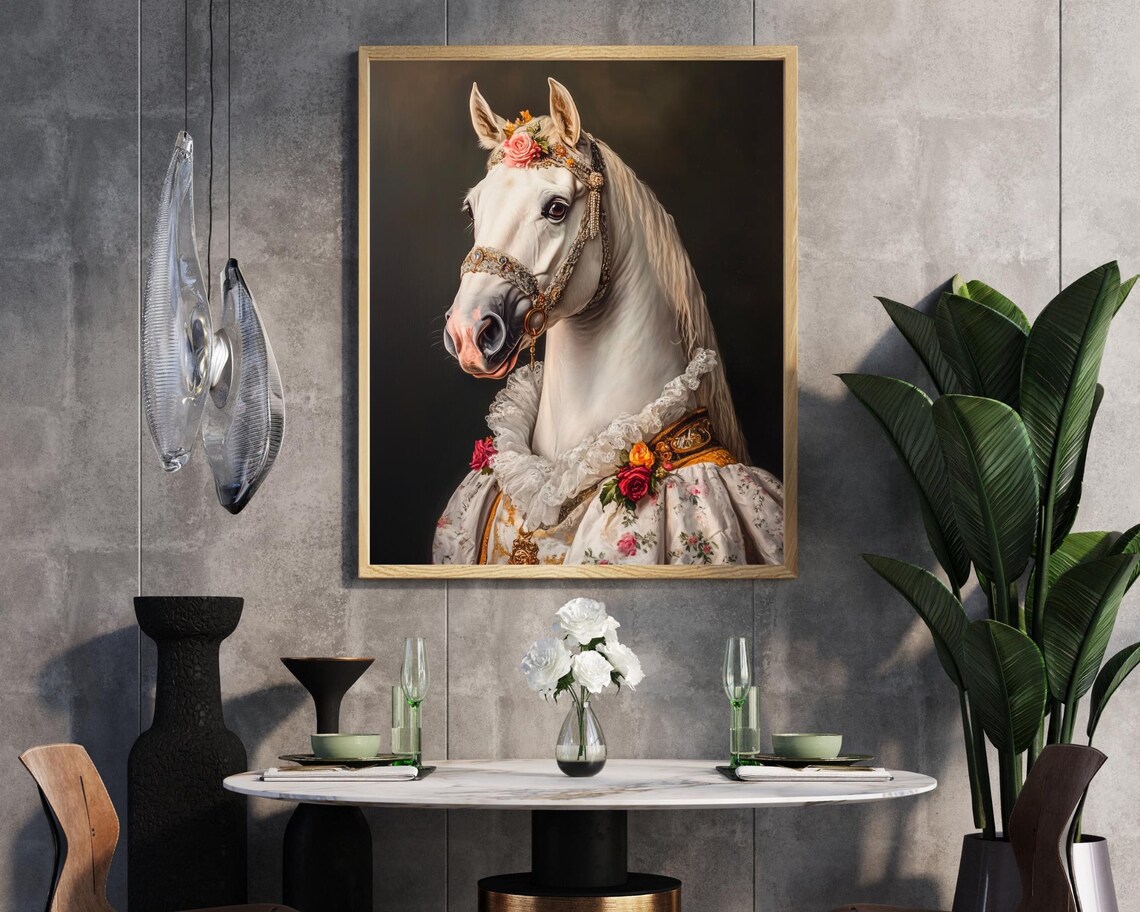 White Horse in Bridal Gown with Rose Headdress Vintage Portrait Poster - Image 5