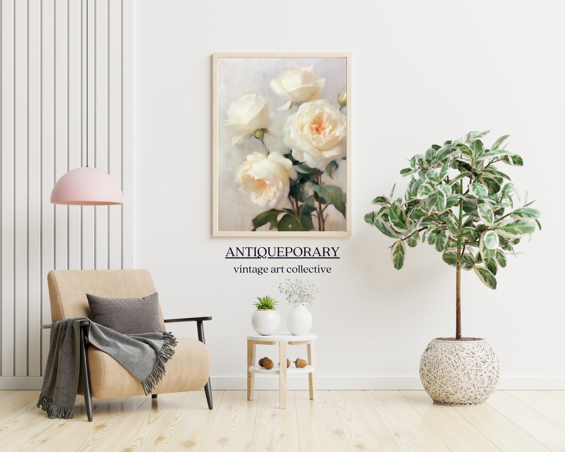 Cream White Roses Close Up Soft Neutral Floral Painting Poster - Image 6