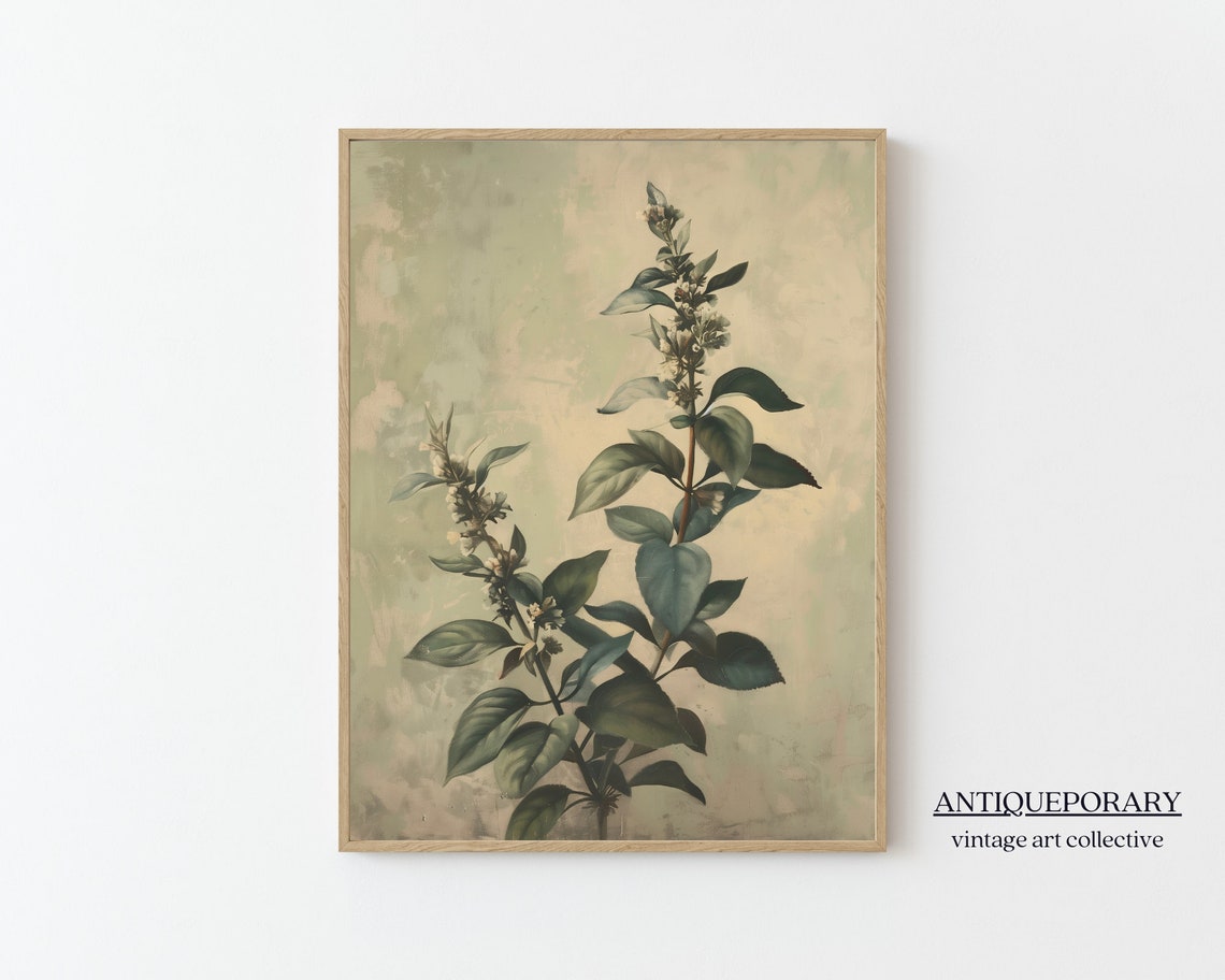Sage Green Botanical Leaf Branch Vintage Antique Style Poster