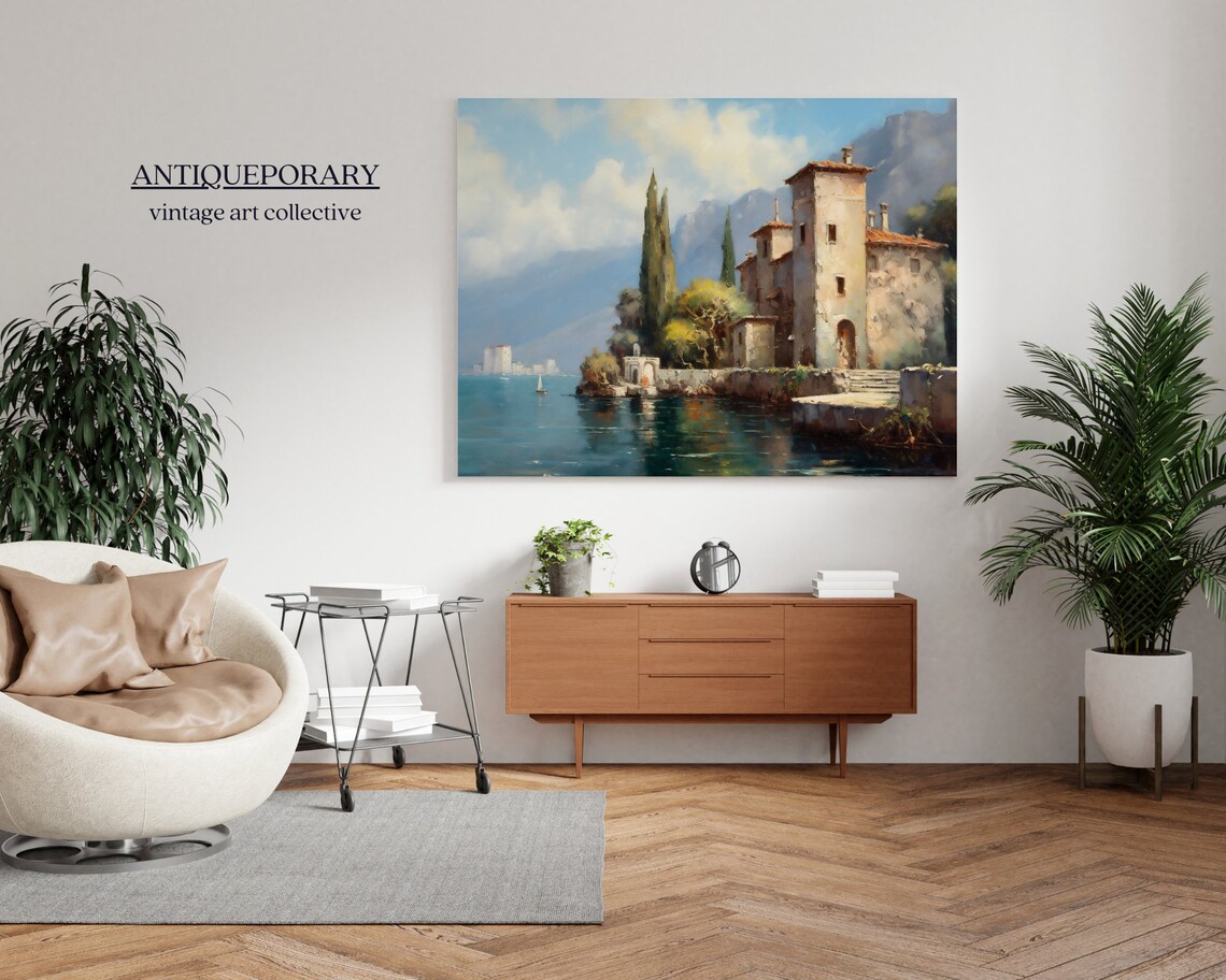 Italian Lake Village Stone Villa Cypress Trees Vintage Painting Poster - Image 7
