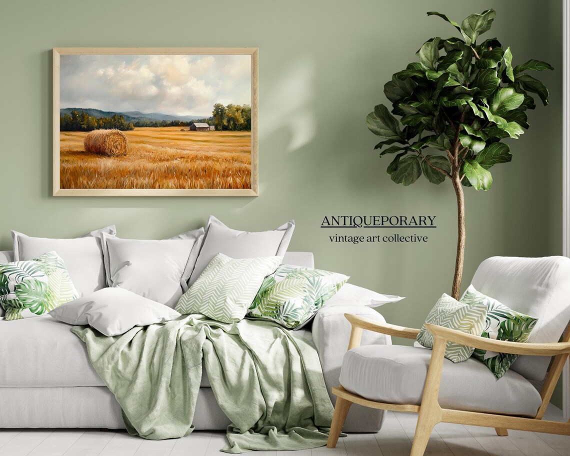 Hay Field Landscape Oil Painting Autumn Neutral Landscape Art Print Vintage Country Wall Art Antique Rustic Farmhouse Decor - Image 6