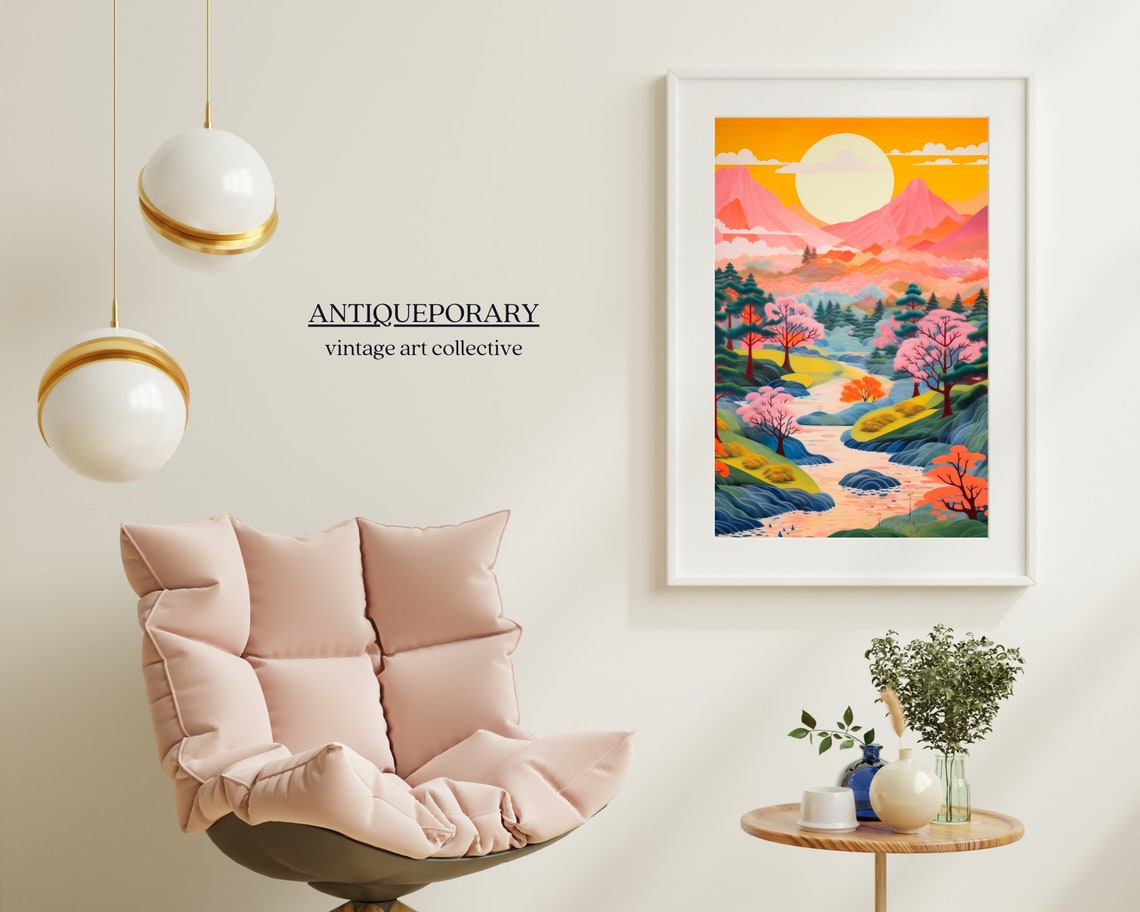 Japanese Sunset Mountain Cherry Blossom River Landscape Poster - Image 6