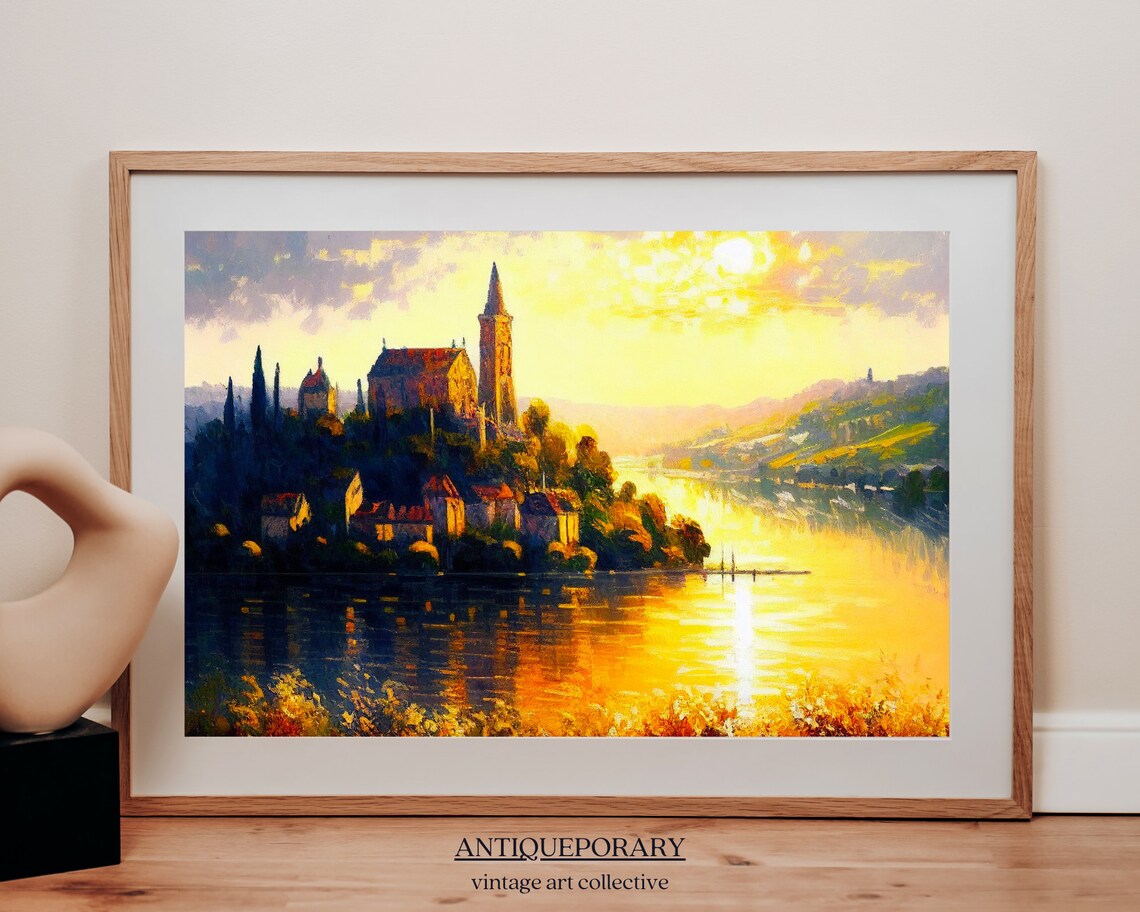 Sunset Hilltop Town Church Lake Golden Reflections Landscape Poster - Image 6