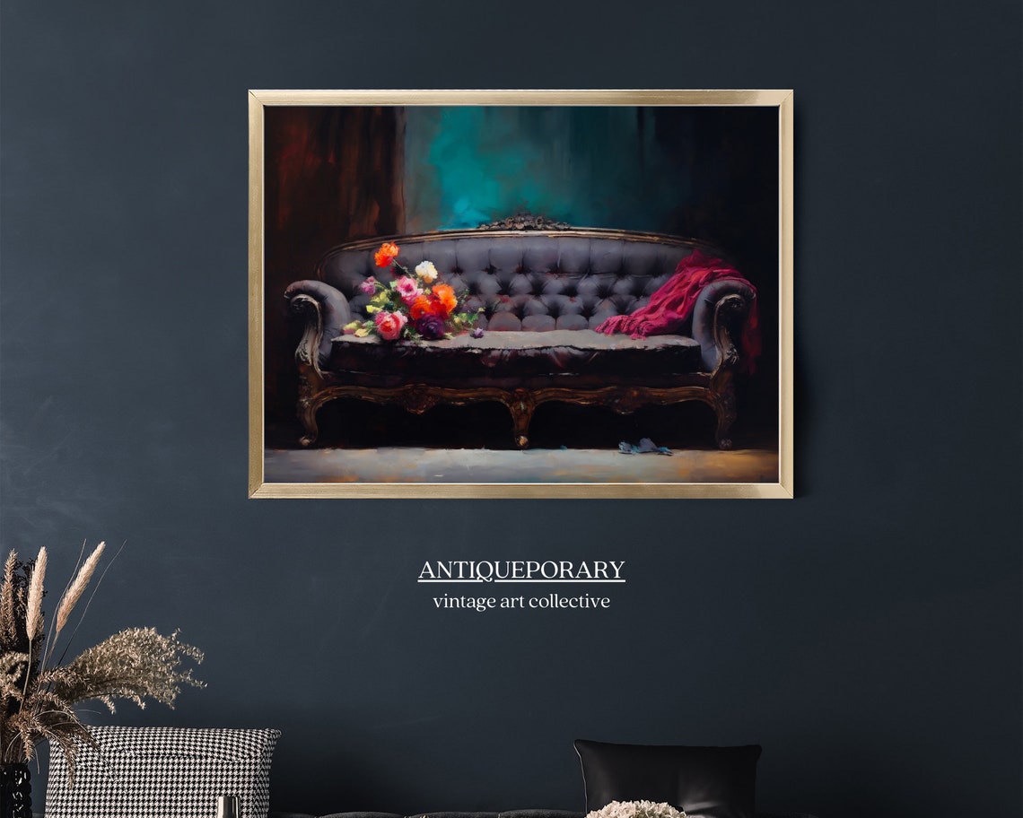 Vintage Antique Couch Oil Painting Dark Moody Still Life Painting Luxurious Vintage Interior Antique Oil Painting Vintage Art - Image 7