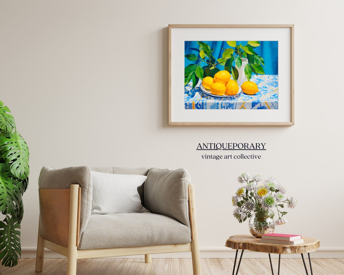Lemon Branch Vase Plate Blue Cloth Bright Citrus Still Life Poster - Image 5