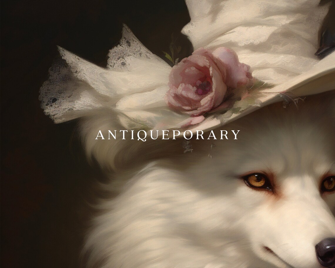 White Wolf Lady Royal Portrait Floral Hat Victorian Style Poster - Image 3