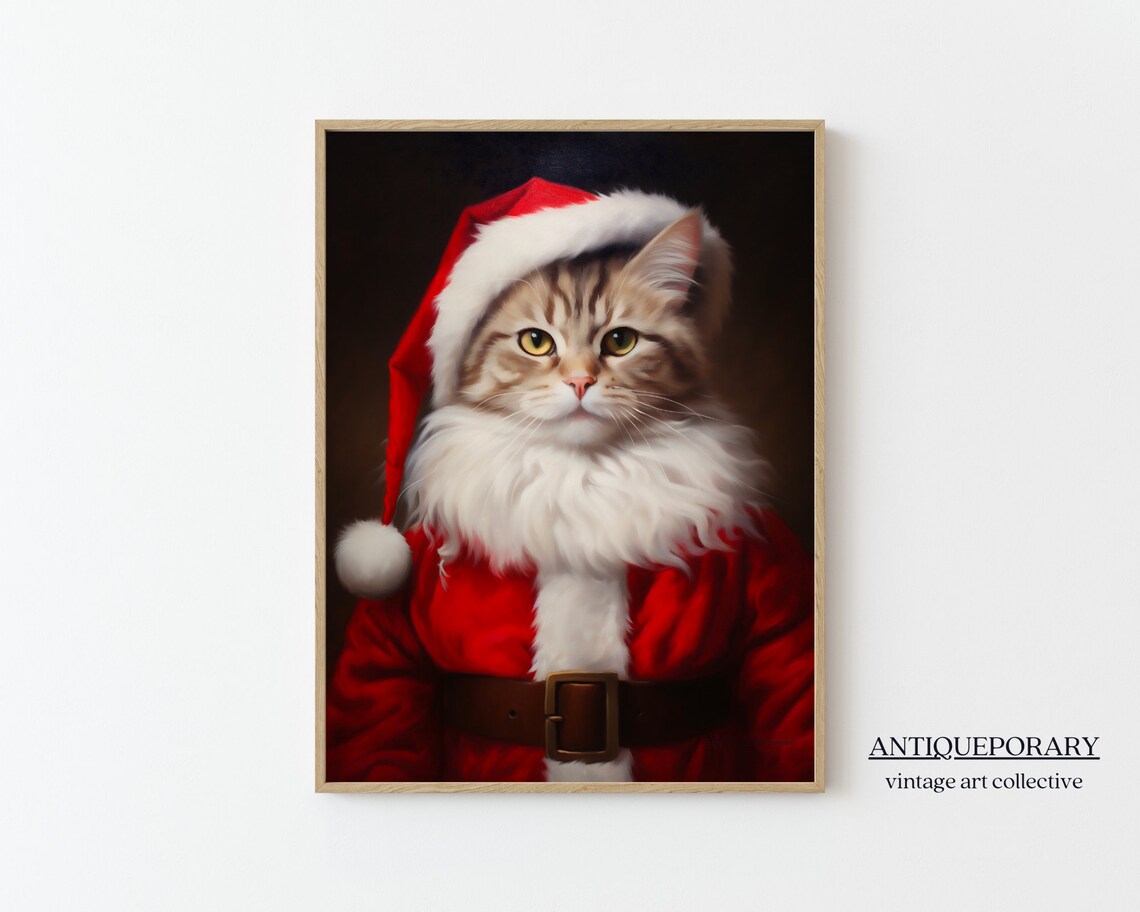 Santa Claus Tabby Cat Red Suit Christmas Portrait Holiday Poster