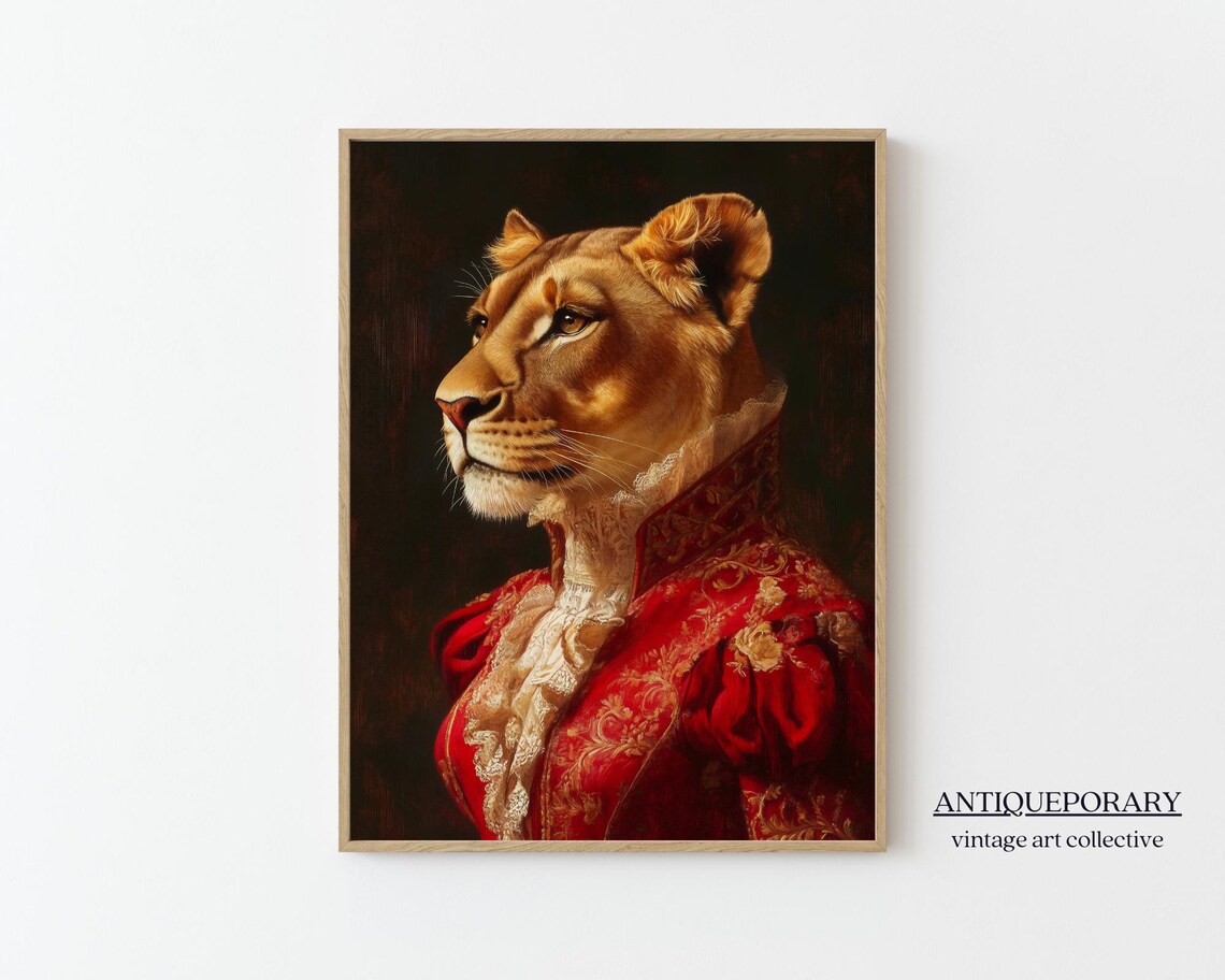 Royal Lioness Profile Red Victorian Gown Portrait Vintage Art Poster