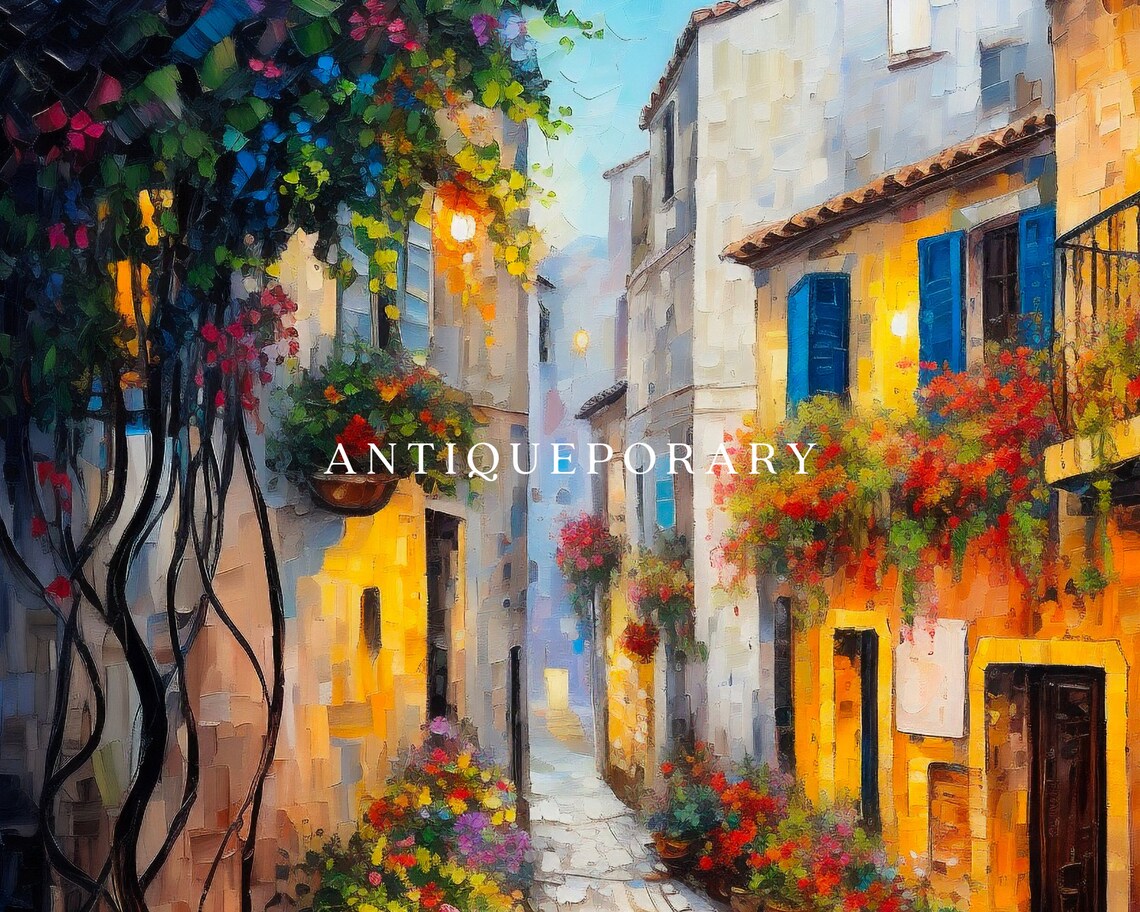 Flower Filled Italian Alley Cobblestone Street Warm Light Art Poster - Image 3