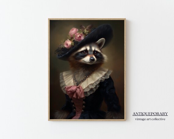 Raccoon Lady in Floral Hat and Navy Gown Victorian Animal Portrait Poster