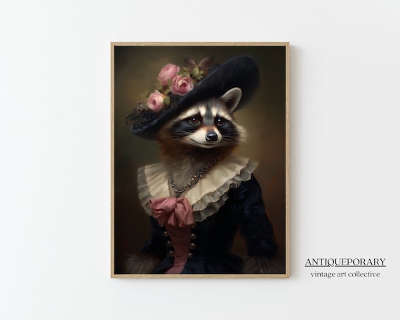 Victorian Animals Portrait Royal Lady Raccoon Vintage Print Renaissance Animal Dark Moody Animal Poster Altered Art Animal Lover Gift