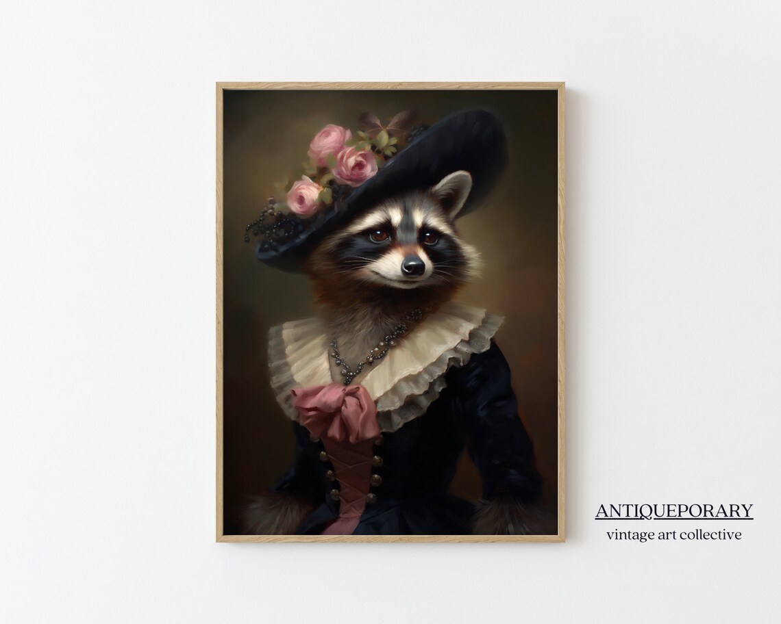 Raccoon Lady in Floral Hat and Navy Gown Victorian Animal Portrait Poster