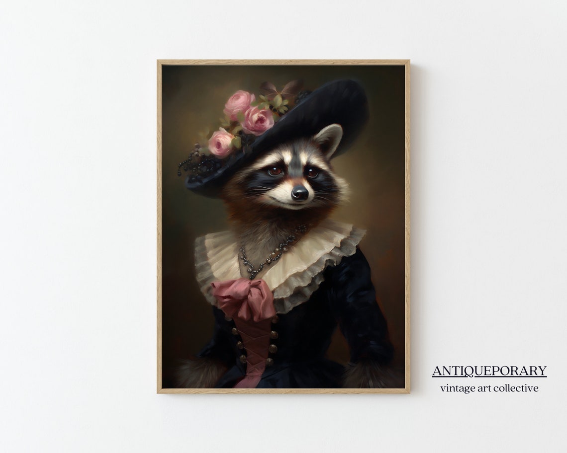 Victorian Animals Portrait Royal Lady Raccoon Vintage Print Renaissance Animal Dark Moody Animal Poster Altered Art Animal Lover Gift