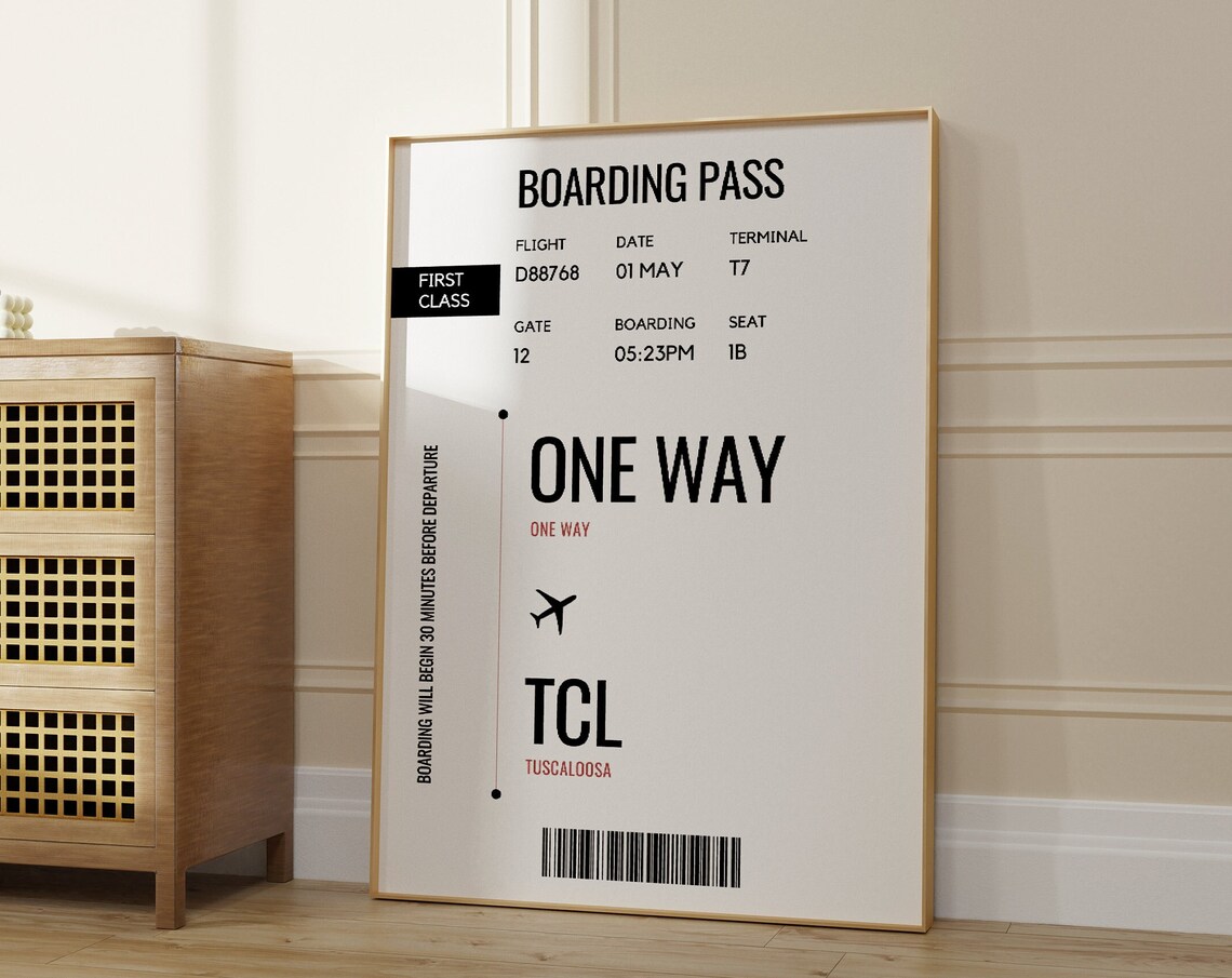 Tuscaloosa Alabama Boarding Pass Ticket One Way Travel Art Poster
