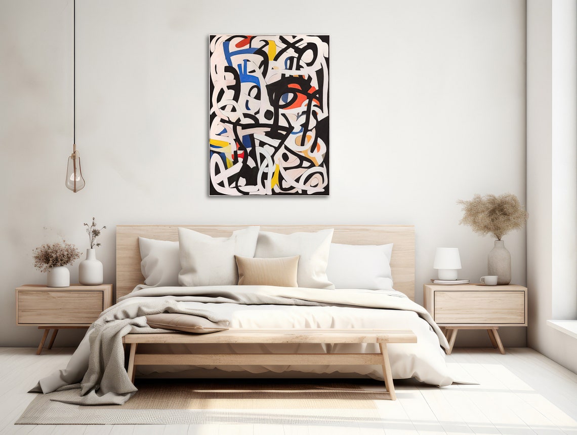 Black White Colorful Gestural Abstract Expressionist Line Wall Art - Image 2