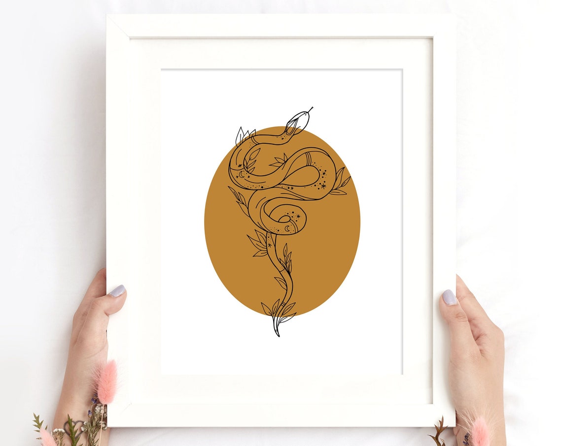 Mystical Serpent Snake Mustard Yellow Celestial Boho Wall Art - Image 3