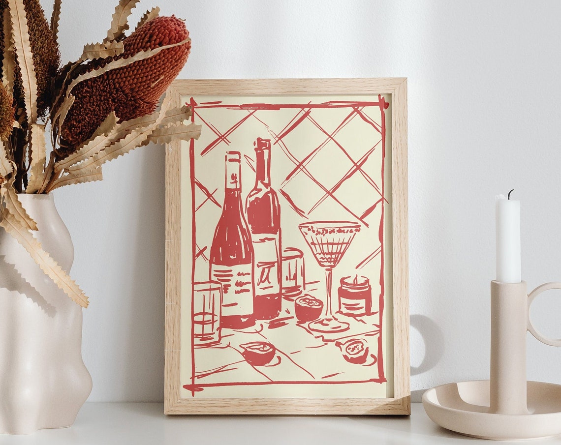 Wine Glass Bottle Poster A4 A3 A2 Vintage Hand Drawn Illustration Kitchen Wall Art Cocktail Print Dining Decor Gift Girl Dinner