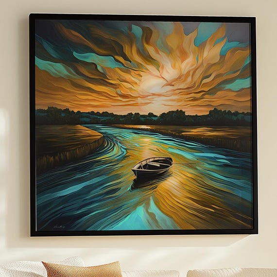 Golden Sunset River Boat Art Framedunframed Canvas Print Or Poster 35