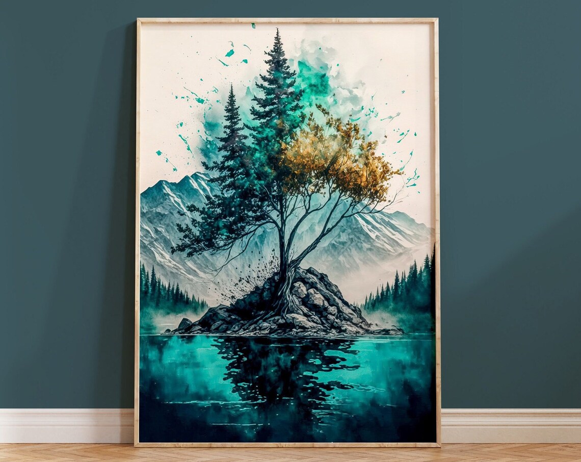 Teal Mountain Lake Evergreen Trees Watercolour Nature Poster