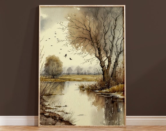 Watercolour Wall Art Print Nature Beige Landscape Contemporary Home Decor Boho Housewarming Gift Wall Hanging Neutral Brown Green Painting