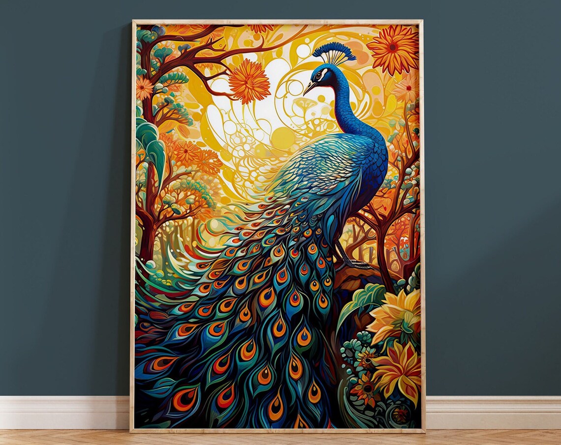Peacock Golden Autumn Forest Vibrant Plumage Feather Art Poster