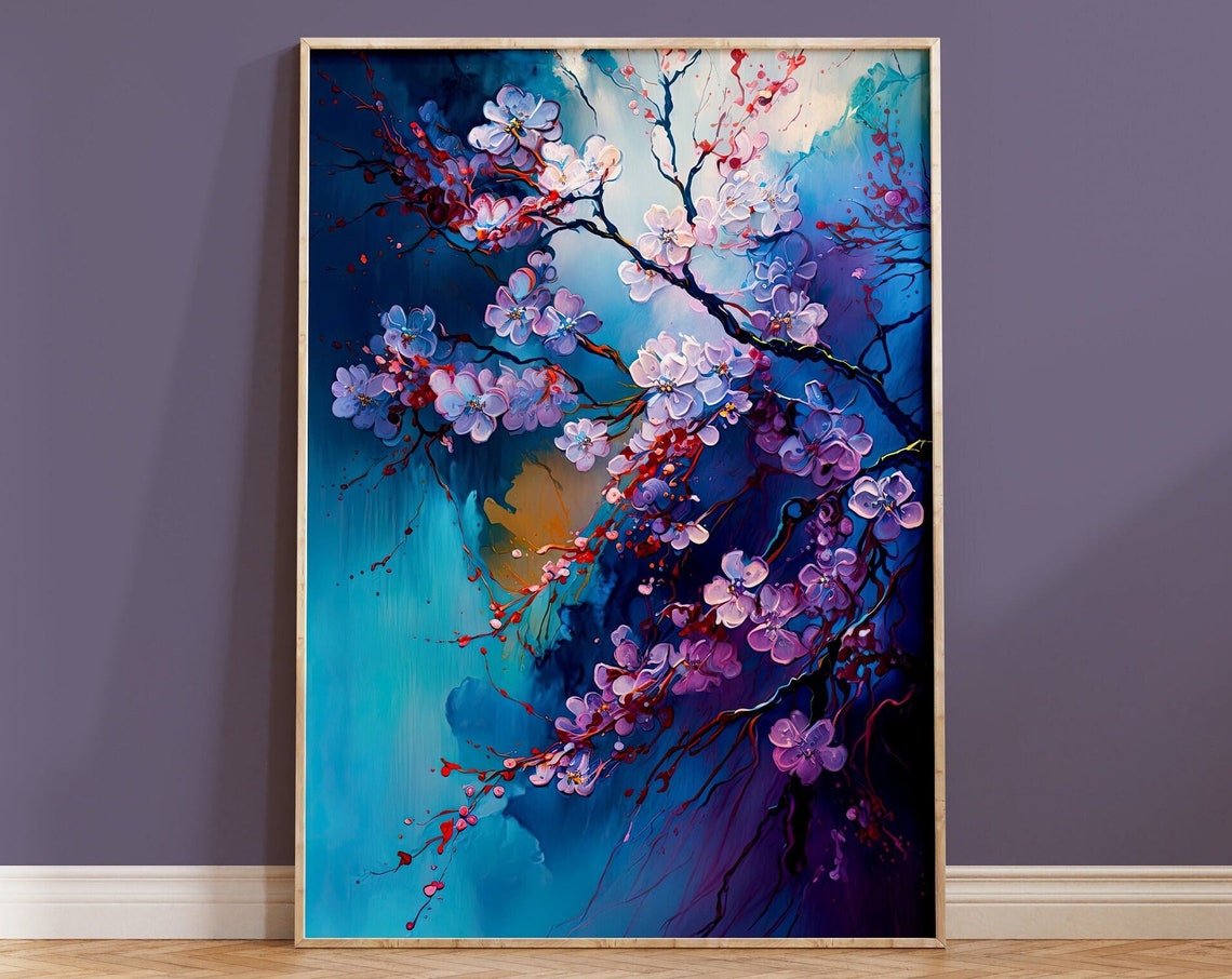 Cherry Blossom Branches Deep Blue Background Decor Art Poster