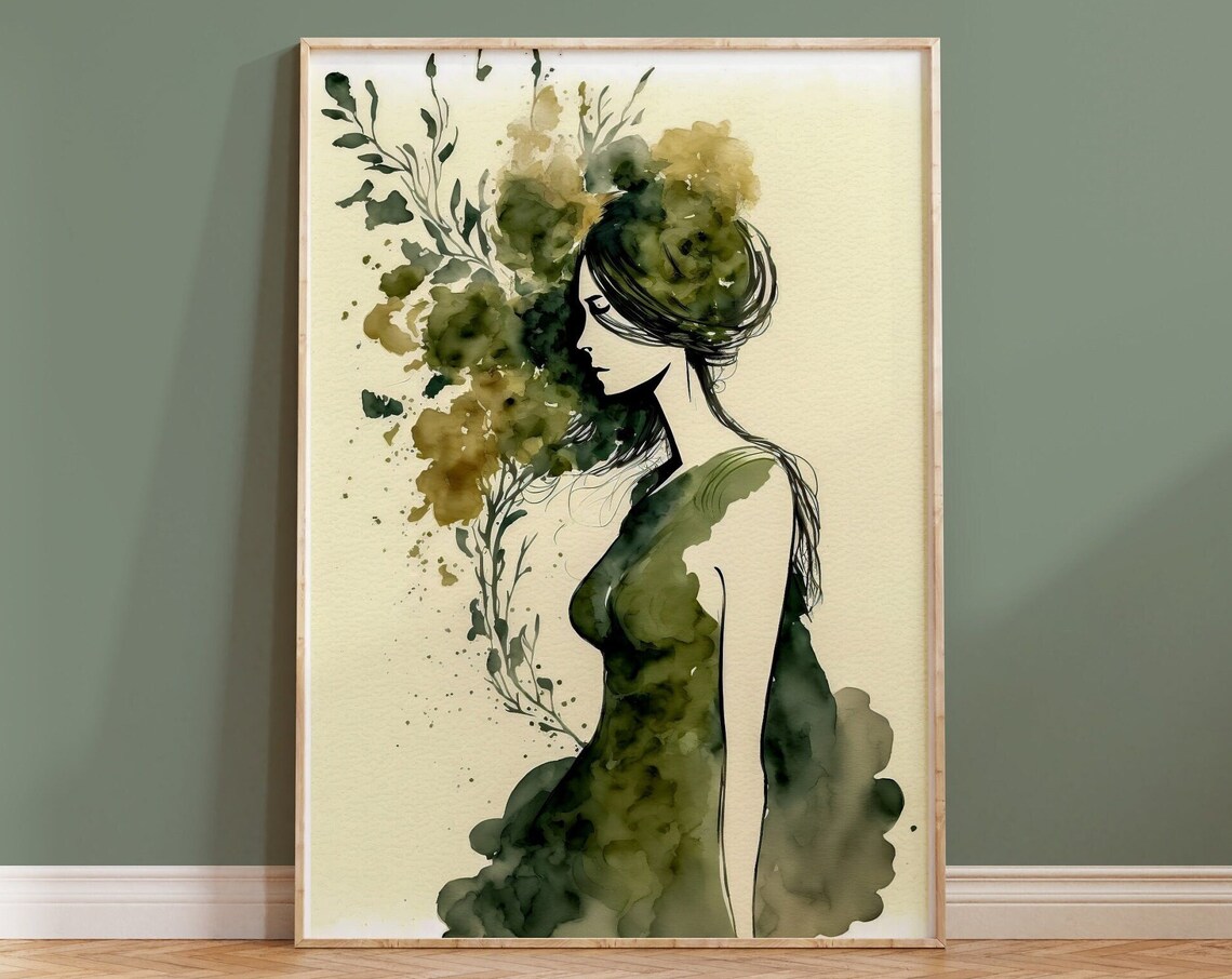 Green Watercolor Woman Olive Floral Elegant Minimalist Art Print