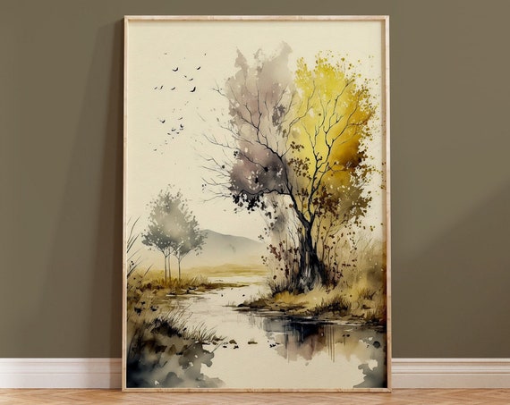 Watercolour Wall Art Print Contemporary Tree Housewarming Gift Nature Boho Painting Natural Landscape Home Decor Simple Airbnb Decoration