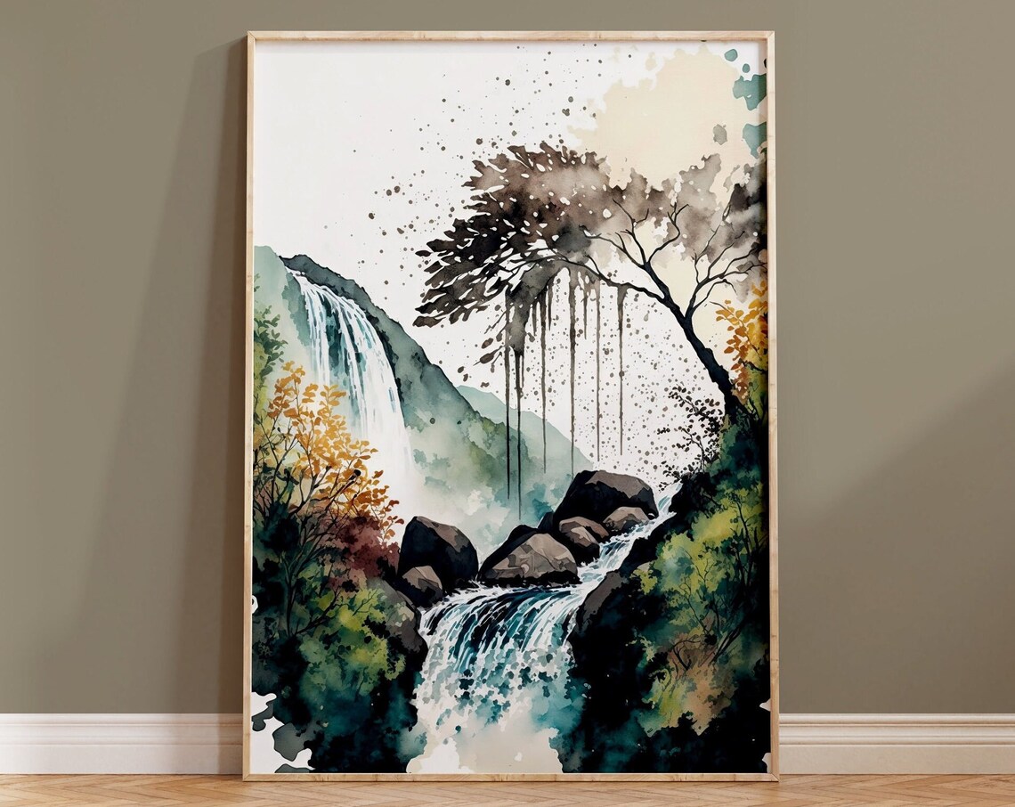 Watercolor Waterfall Mountain Tree Ink Nature Landscape Art Poster