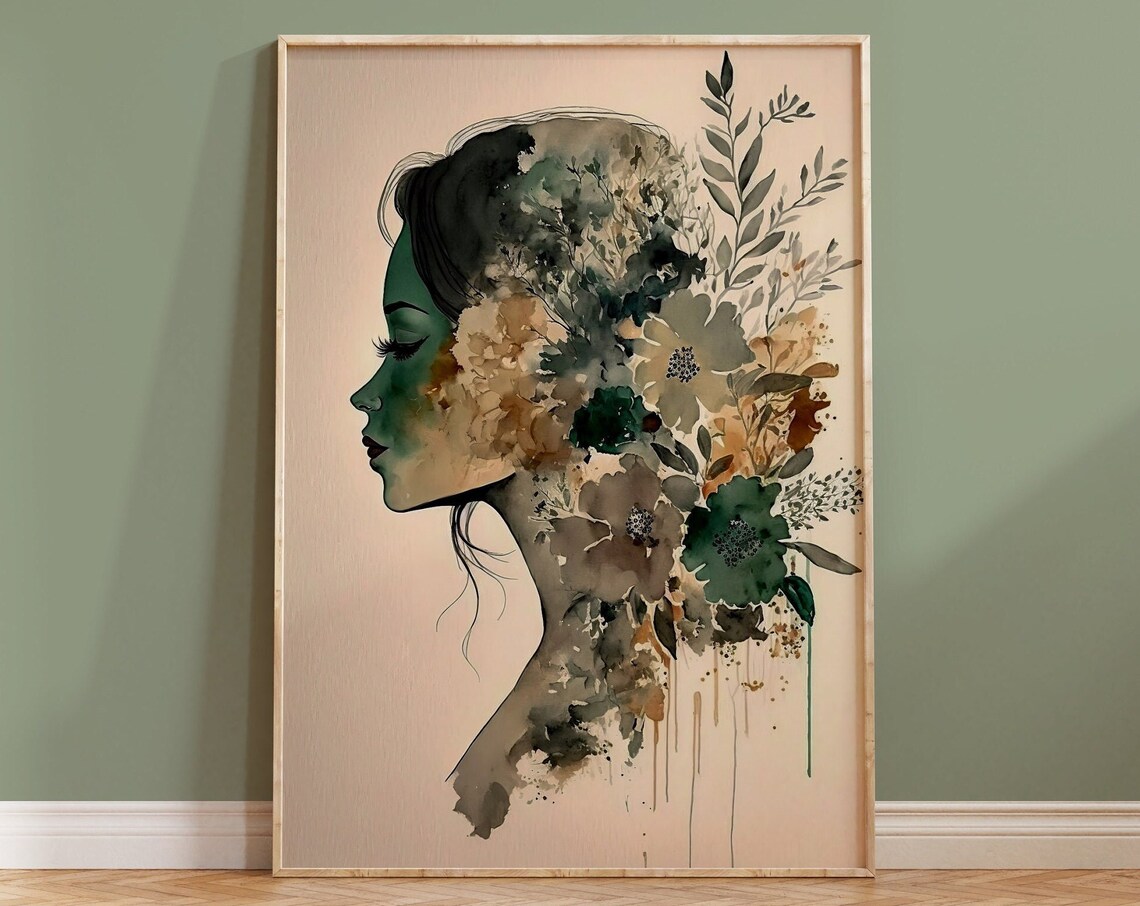 Floral Woman Profile Watercolor Botanical Silhouette Art Poster