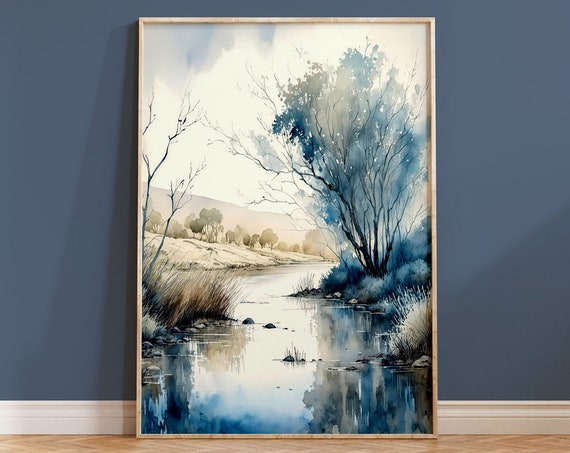 Blue Wall Art Print Contemporary Housewarming Gift Watercolour Boho Home Decor Nature Painting Natural Landscape Trency Airbnb Artwork