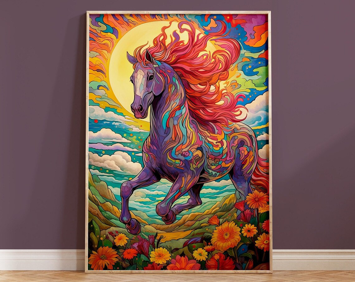 Psychedelic Rainbow Mane Horse Galloping Sun Colorful Art Poster