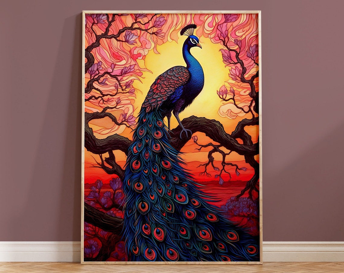 Peacock Sunset Tree Branch Stained Glass Vibrant Bird Art Poster