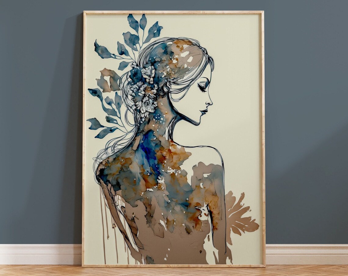 Elegant Woman Profile Blue Brown Watercolor Floral Art Print
