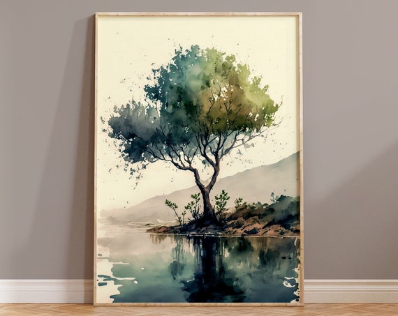 Tree Wall Art Print Contemporary Housewarming Gift Nature Boho Watercolour Painting Green Landscape Home Decor Minimalist Wall Hanging