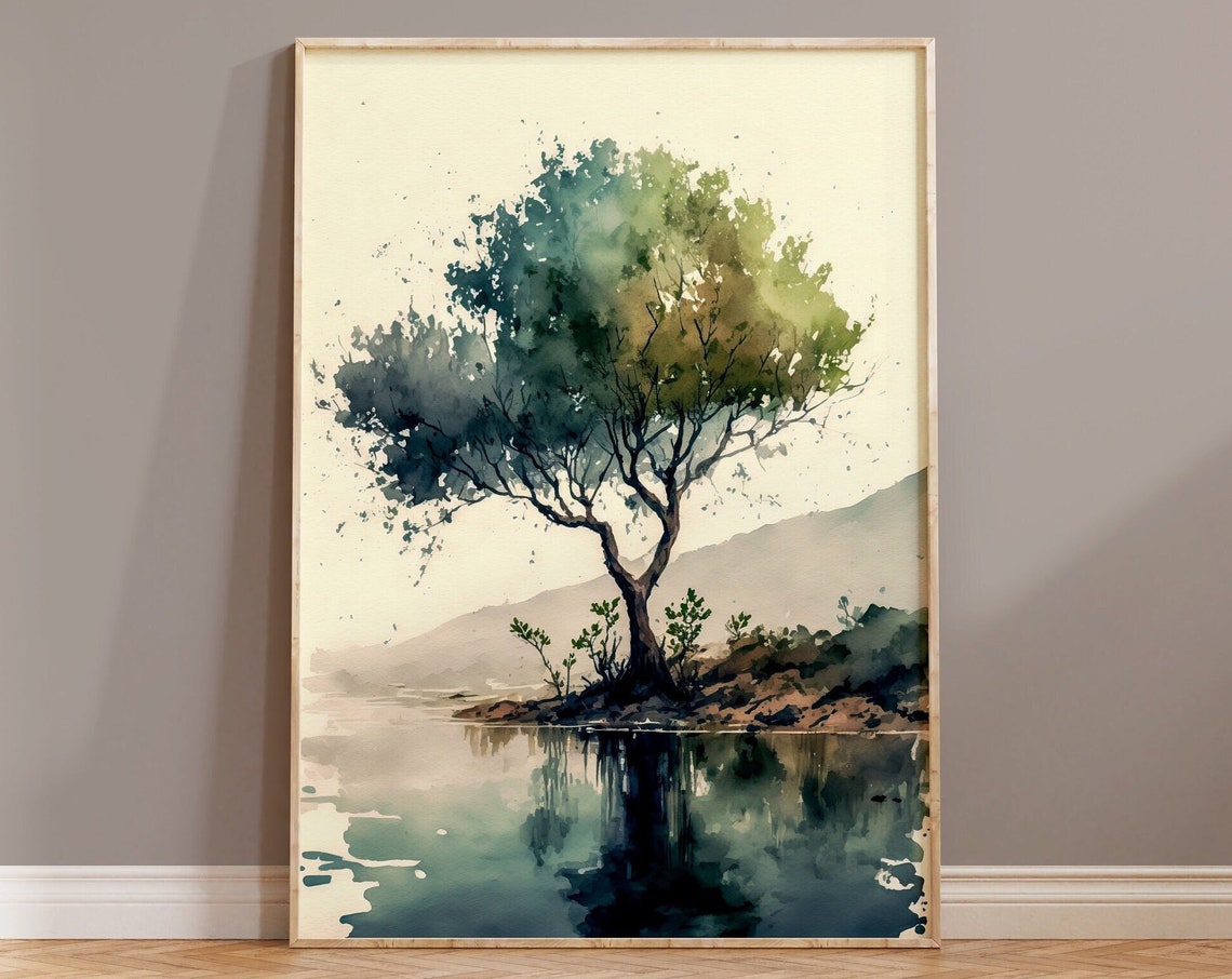 Serene Watercolor Tree By Calm Lake With Mirror Reflection Poster