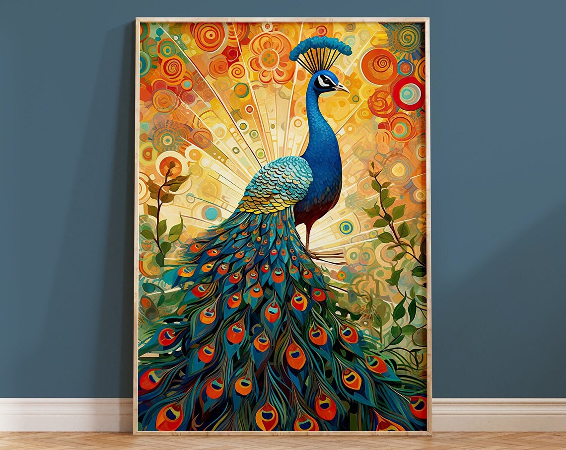 Peacock Golden Sunburst Feathers Vibrant Blue Bird Art Poster