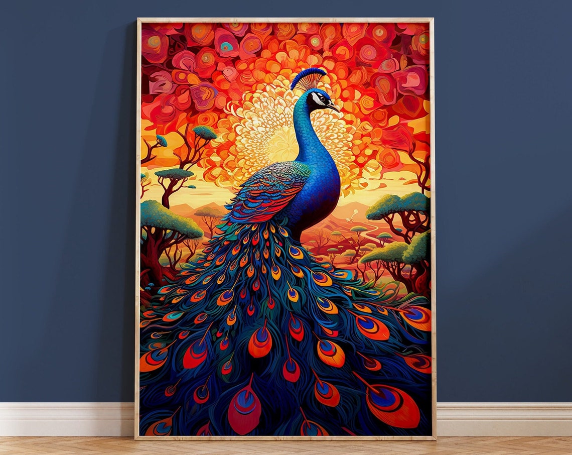 Peacock Red Trees Sunset Stained Glass Vibrant Bird Art Poster