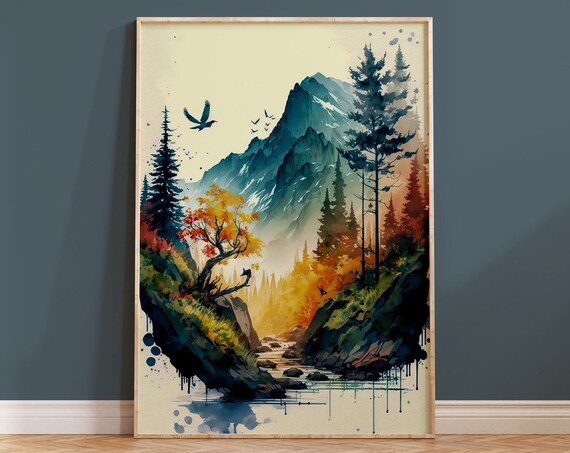 Autumn Mountain Valley River Birds Watercolor Scene Art Poster