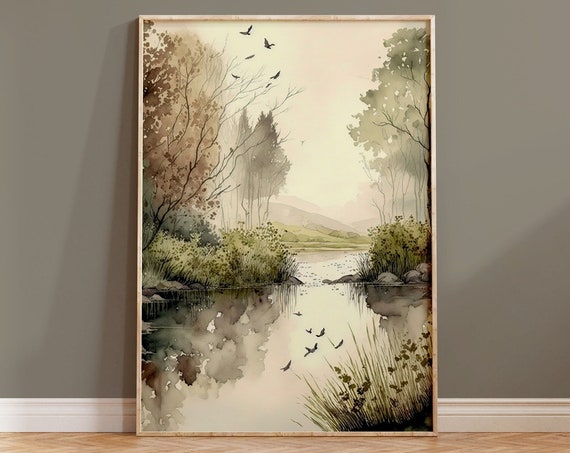 Nature Wall Art Print Neutral Watercolour Contemporary Boho Housewarming Gift Watercolour Lake Painting River Landscape Brown Green Beige