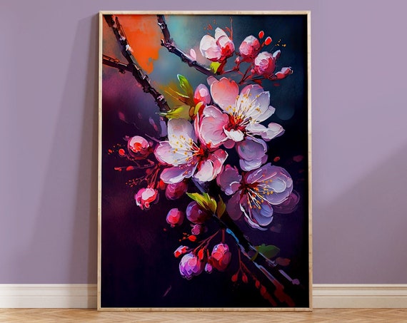 Cherry Blossom Wall Art Print Japanese Flower Painting Sakura Branch Dark Background Pink Purple Gift Vibrant Home Decor Colourful Bold