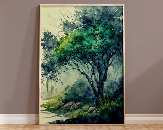 Watercolour Tree Art Print Contemporary Housewarming Gift Boho Bright Nature Wall Hanging Natural Green Landscape Painting Home Decor