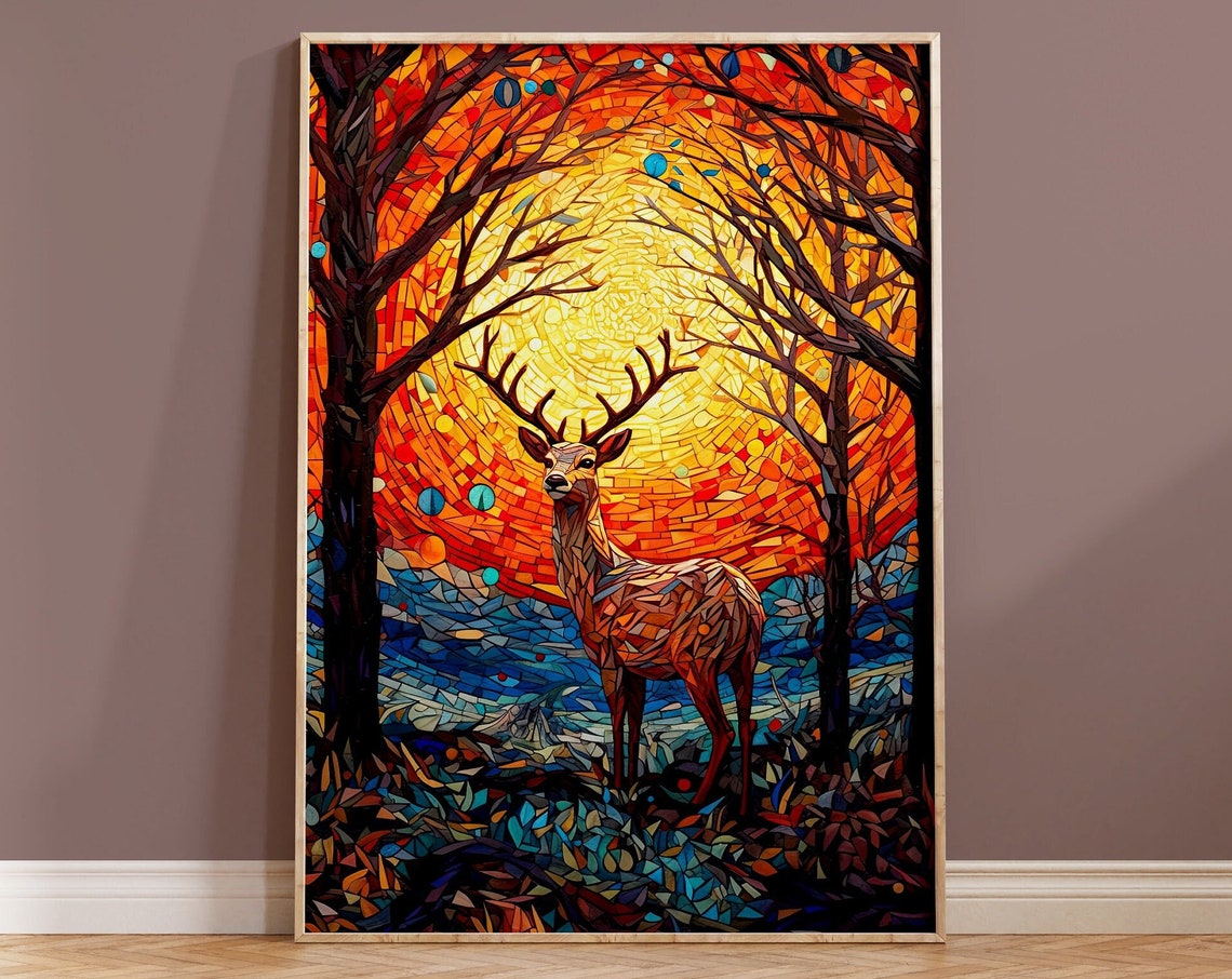 Mosaic Stag Deer Under Fiery Sunset Arch Of Trees Art Poster
