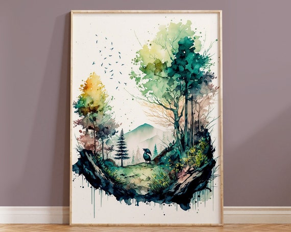 Woodland Landscape Physical Art Print Free Worldwide Shipping Generative Art Ai Contemporary Print Housewarming Gift Boho Watercolour