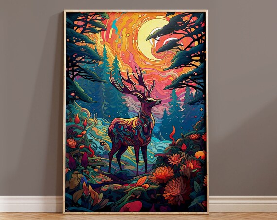 Psychedelic Stag Forest Swirling Sun Colorful Wildlife Art Poster