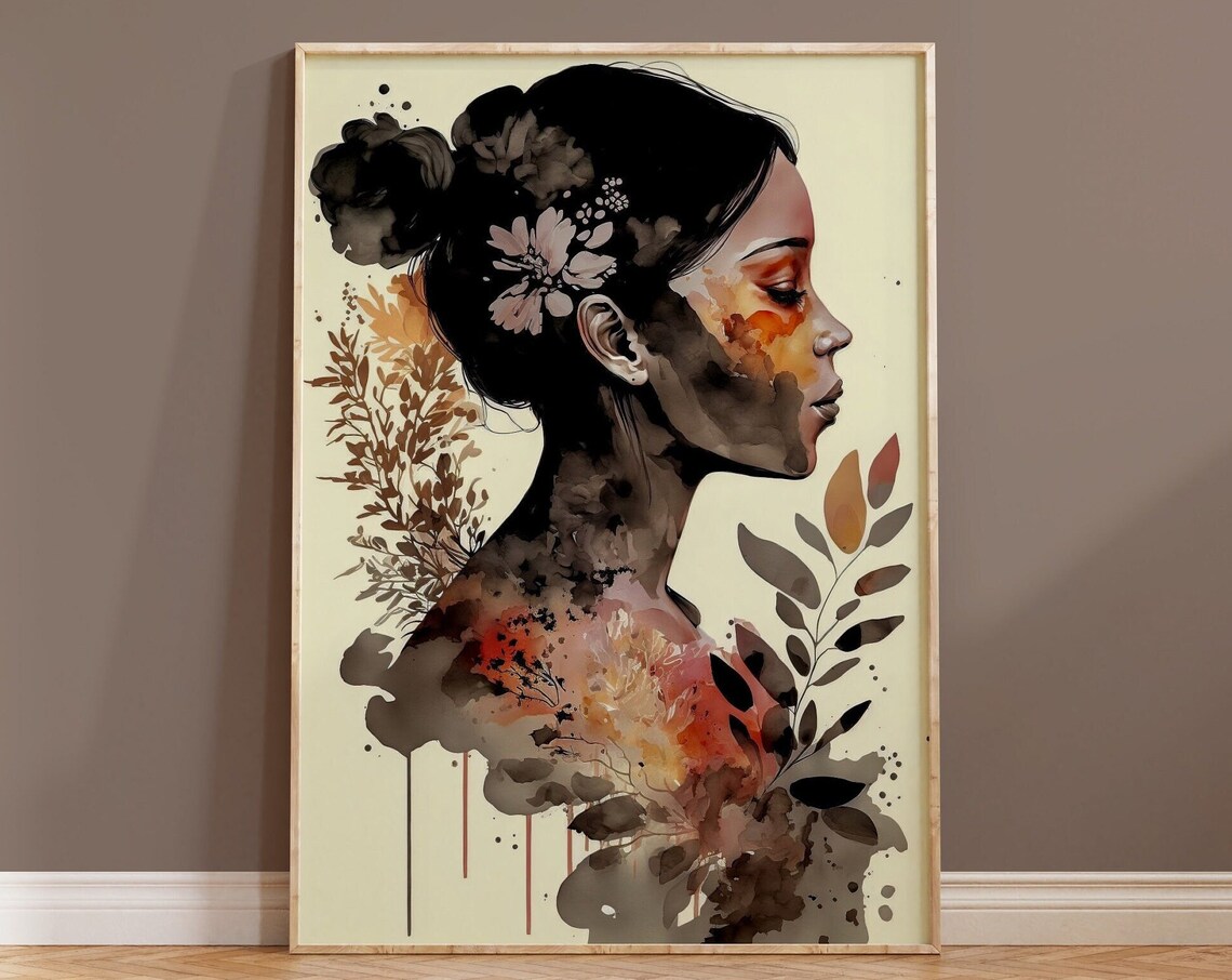 Woman Profile Floral Watercolor Ink Botanical Beauty Art Print