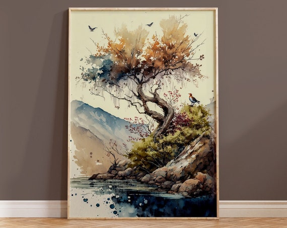 Tree Wall Art Print Boho Housewarming Gift Watercolour Neutral Beige Home Decor Brown Aesthetic Nature Poster Landscape Painting
