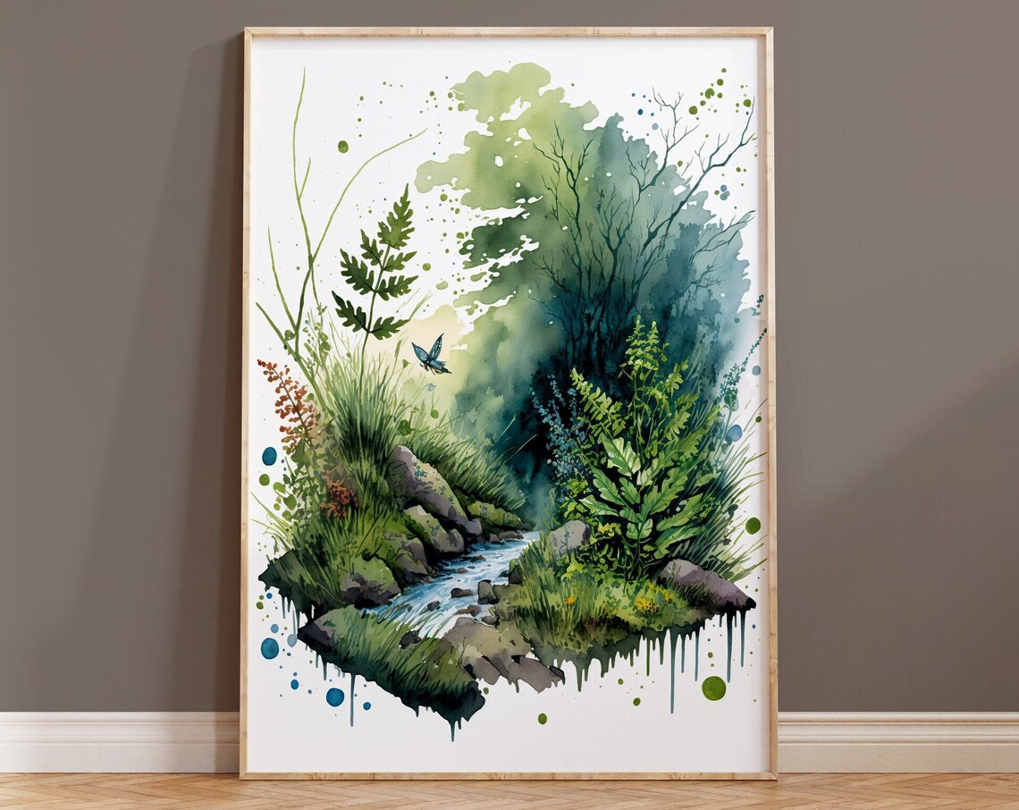 Green Forest Stream Rocks Watercolor Lush Nature Trail Art Print